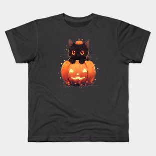 Cute Halloween Pumpkin Black Cat Kids T-Shirt